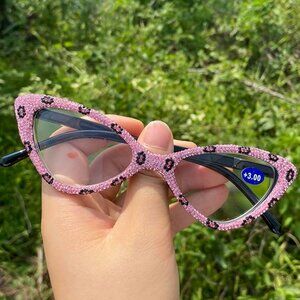 Cat Eye Crystal Rhinestone Reading Glasses, pink, 3 magnification strength